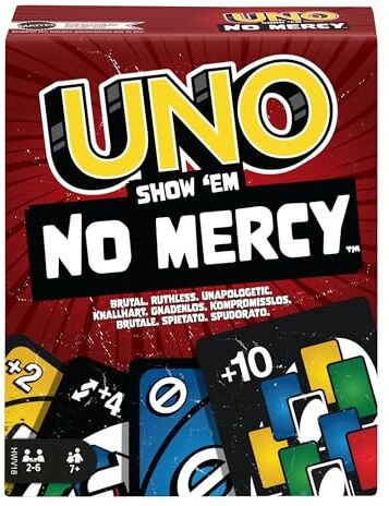 Mattel UNO No Mercy - La versione di UNO più brutale di sempre, con 56 nuove carte, regole speciali, come Salta Tutti, Pesca 6 e Pesca 10, 7+ anni, HWV18