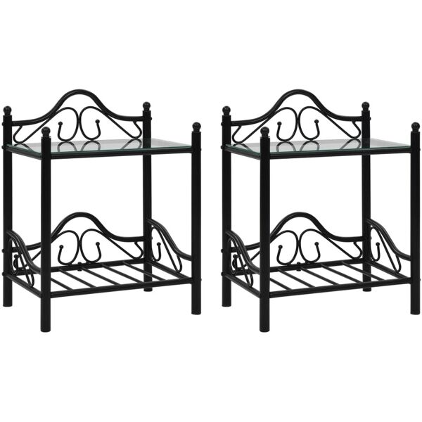 vidaxl comodini set 2pz in acciaio e vetro temperato 45x30,5x60cm nero