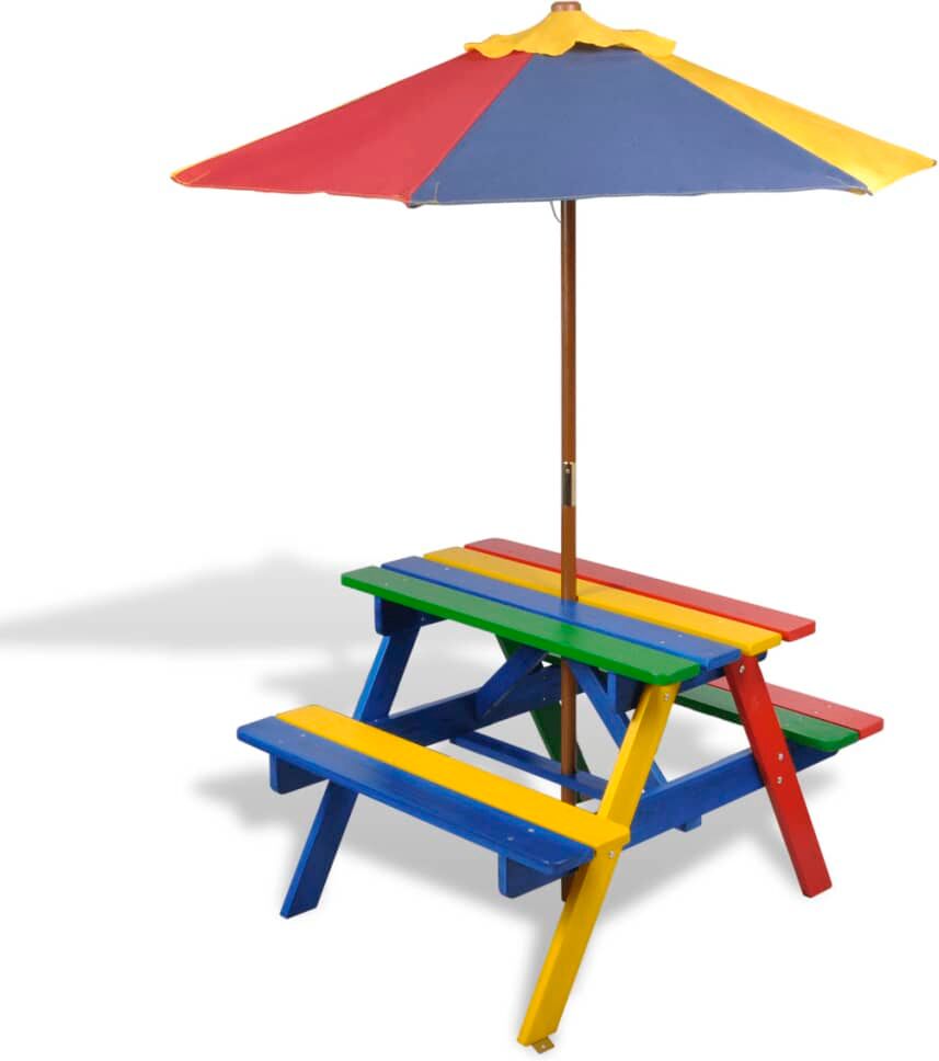 vidaxl tavolo e panchine per bambini con parasole legno multicolore