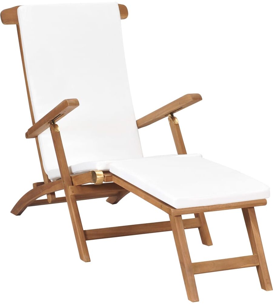 vidaxl sedia a sdraio con cuscino bianco crema legno massello di teak