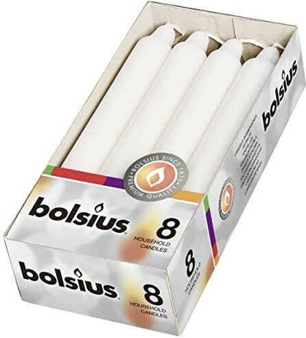 Bolsius Candele lisce – Bianco – Set di 8 pezzi in cartone – Candele decorative per la casa – Durata 6 ore – Non profumate – Crescita naturale delle piante – 18 x 2 cm