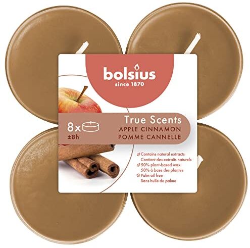 Bolsius True Scents Tealights Profumati - Fragranza Mela e Cannella - Set di 8 Pezzi - Colore Caramello - Lunga Durata di 8 Ore - Estratti Naturali - Candela Decorativa - Cera - Senza Fumo