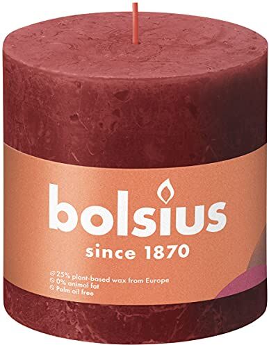 Bolsius Rustik - Candela a pilastro XXL, colore rosso, set da 3 pezzi, candele decorative per la casa, lunghezza 62 ore, non profumata, senza olio di palma, extra large, 10 x 10 cm