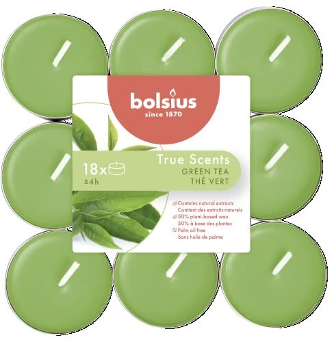 Bolsius True Scents Tealights Profumati in Aluminium Cup - Fragranza Tè Verde - Set di 18 Pezzi - Colore Verde - Lunga Durata di 4 Ore - Candele Decorative - Cera - Senza Fumo