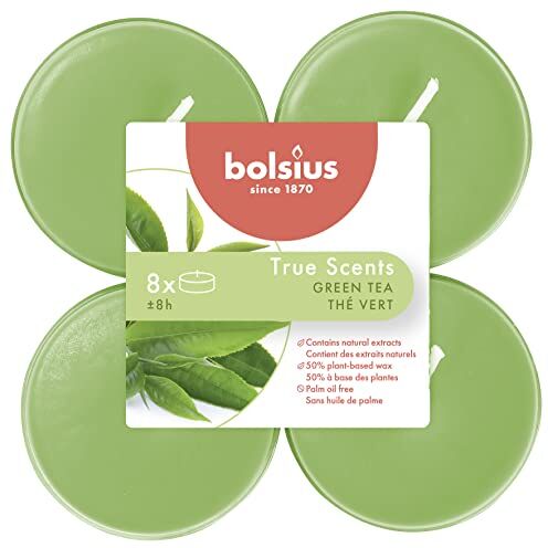 Bolsius True Scents Tealights Profumati - Fragranza Tè Verde - Set di 8 Pezzi - Colore Verde - Lunga Durata di 8 Ore - Estratti Naturali - Candela Decorativa - Cera - Senza Fumo