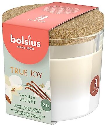 Bolsius True Joy Candela profumata – Vaniglia – Avorio – Candela profumata in vetro – Durata 21 ore – con tappo in sughero – con estratti naturali – Cera vegetale naturale – Senza olio di palma