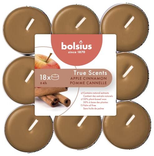 Bolsius True Scents Tealights Profumati in Aluminium Cup - Fragranza Mela e Cannella - Set di 18 Pezzi - Colore Caramello - Lunga Durata di 4 Ore - Candele Decorative - Cera - Senza Fumo