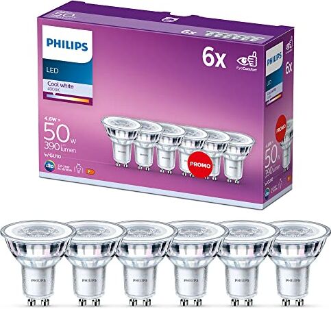 Philips LED, Faretto, 6 pz, equivalente a 50W, attacco GU10, Luce Bianca Fredda