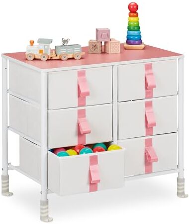 Relaxdays Cassettiera per Bambini, per la Cameretta, 6 Cassetti Porta Giochi o Vestiti, HLP: 61,5x68x40,5cm, Bianco Rosa, Acciaio, Poliestere, Fibra di Legno