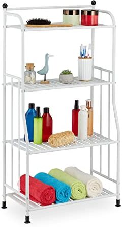 Relaxdays Scaffale in Metallo, HxLxP: 107 x 56 x 28 cm, Mobiletto Cucina e Bagno, 4 Ripiani, Mensole Multiuso, Bianco