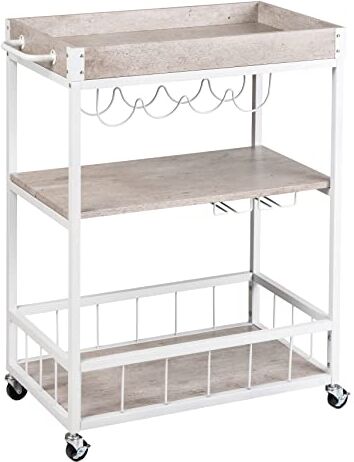 WENKO Carrello da cucina Rustico, 3 ripiani, carrello di servizio 4 rotelle, isola cucina con portabicchieri e portabottiglie, 80 x 89,5 x 40 cm, carrello in metallo laccato e MDF, calcestruzzo/bianco