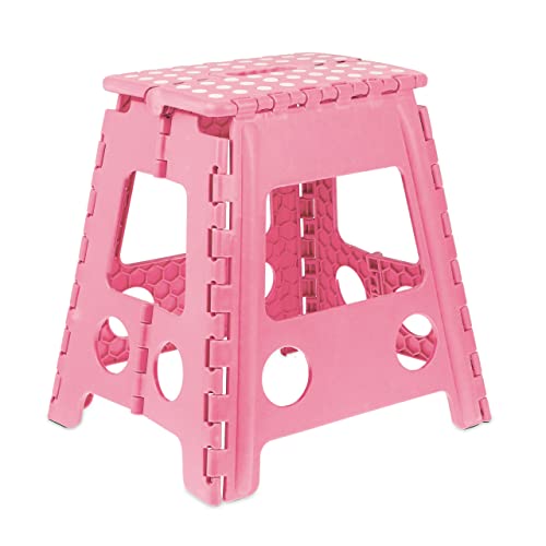 Relaxdays Sgabello Pieghevole, Sgabellino Antiscivolo con Un Gradino e Manico, Fino a 120 kg, 39 x 38,5 x 32 cm, Pink, 100% plastica