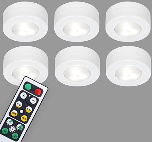 Briloner Leuchten - Set di 6 luci a LED per armadio con telecomando, luce dimmerabile e funzionale, luce notturna da camera, con funzione timer e pad adesivi 3M, 58x26mm (DxA), colore bianco