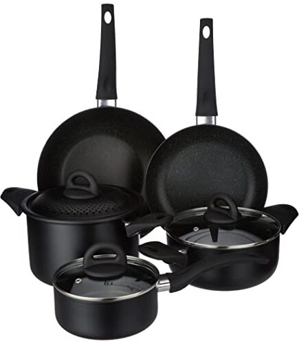 Tognana Rock In Black, Batteria di pentole e padelle, Set con 1 padella, 1 saltapasta, 2 casseruole, 1 pastaiola, 3 coperchi trasparenti, 8 Pezzi, Alluminio, Nero