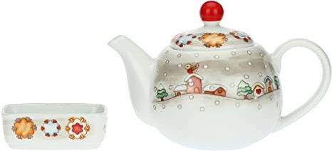 THUN - Set Teiera con Portabustine in Porcellana Decorata - Linea Regali d'inverno - Idea Regalo Natale 2022 - Teiera 23,5x14,5x16 H cm; 1.1 L