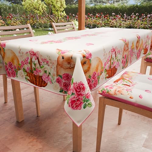 PETTI Artigiani Italiani - Tovaglia Pasqua Antimacchia Rettangolare Copritavolo Pasquale Cucina Disegno Pink Bunnys X12 Posti (140x240 cm) 100% Made in Italy