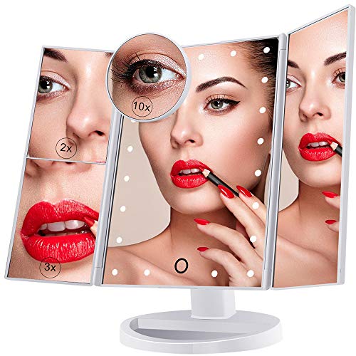 nestling specchio per il trucco illuminato, specchio cosmetico per vanità a 21 luci a led, touch screen con ingrandimento triplo ingrandimento 2x 3x 10x, rotazione libera di 180 °, doppio alimentatore bianco