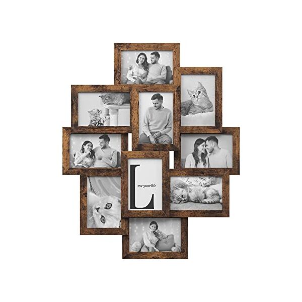 songmics collage di cornici portafoto per 10 foto in 10 x 15 cm, montaggio richiesto, collage fotografie multiple, copertura in ps, venatura del legno, marrone vintage rpf020x01