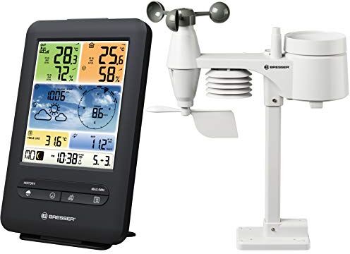 Bresser - Stazione meteorologica wireless con sensore per esterno, centralina meteorologica 5 in 1, a colori, WLAN per temperatura, umidità, pressione atmosferica, anemometro e pluviometro, nero