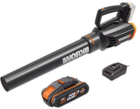 WORX 18V (20V MAX) Soffiatore Foglie a Batteria WG547E, 1 Batteria da 2,0 Ah, PowerShare, 2 Velocità, 120 km/h di Velocità di Soffiaggio, Tecnologia a Turbina, Caricabatteria Rapido 1 Ora