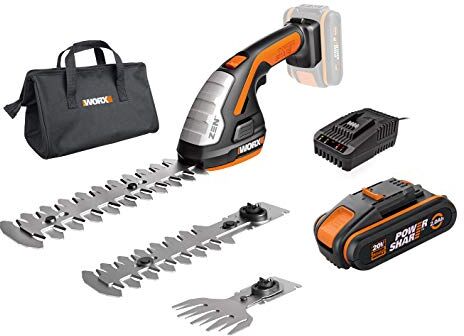 WORX 18V (20V MAX) Forbici per Erba e Arbusti a Batteria Set WG801E.4, PowerShare, Tosaerba e Sfoltirami, Forbici da prato 20 cm,Tosasiepi da 12 cm, Coltello da Erba da 10 cm, Caricabatterie Rapido