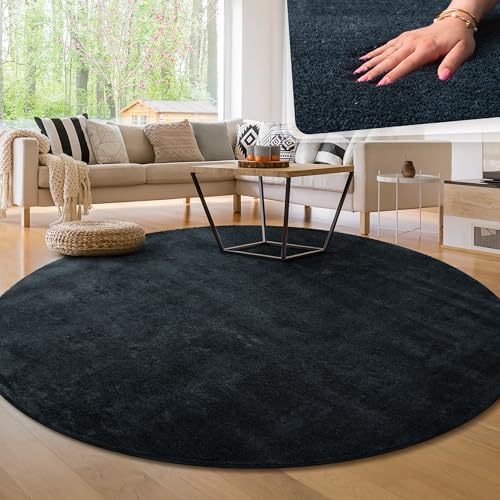 Paco Home Tappeto per Soggiorno Unicolore Lavabile Morbido Pelo Corto Morbido, Dimensione:Ø 160 cm Tondo, Colore:Navy-Blu