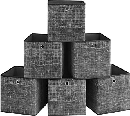 SONGMICS Scatole Portaoggetti, Set di 6 Contenitori in Tessuto Non Tessuto con Manico, 33 x 33 x 33 cm, Unità di Organizzazione, per Scaffale, Pieghevoli, Porta Abiti, Nero RFB033B01