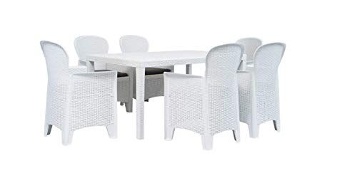Tomaino Tavolo e sedie da Giardino in plastica Simil Rattan (Bianco)