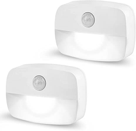 AmmToo Luce Armadio Led con Sensore, Luce Notturna con Sensore Movimento, 2 Pezzi Luce di Cortesia Notturna con Batteria, Luce Sensore Movimento per Credenza Corridoio Bagno Cucina e Camera, luce emergenza