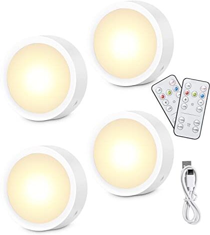 Zawaer Luce Sottopensile Cucina Led, 4Pcs Luce Notturna Ricaricabile, 3 Colori Dimmerabili,5 Livelli di Luminosità, con Telecomandi, Luci Armadio Touch con Timer, Magnetica (con Adesivo in Metallo)