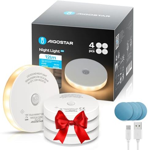 Aigostar 4 Pezzi Luce Notturna LED con Sensore di Movimento, Luci Notturne con 2 Temperature di Colore, Luce Armadio USB Ricaricabile con Striscia Magnetica Adesiva per Camere, Corridoio, Cucina