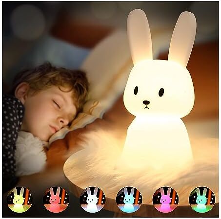 SOLIDEE Luce Notturna Bambini, 7 Colori LED Lampada Neonato Notturna Silicone Coniglietto, USB Ricaricabile Luce Notturna Lampada Cameretta Bambino Kawaii Bambini, Neonato, Cameretta, Regalo