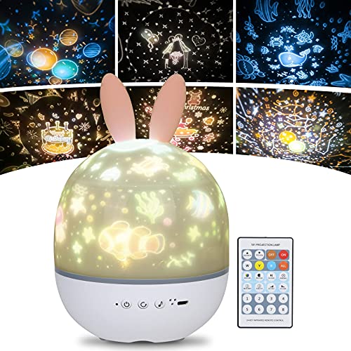 URAQT Luci Notte per Bambini, 360°Rotazione Musicale Luce Notturna Bambini Proiettore, 6 Colori + Telecomando + Timer, USB Ricaricabile Proiettore Stelle Soffitto, Regalo di Compleanno Regalo Neonato