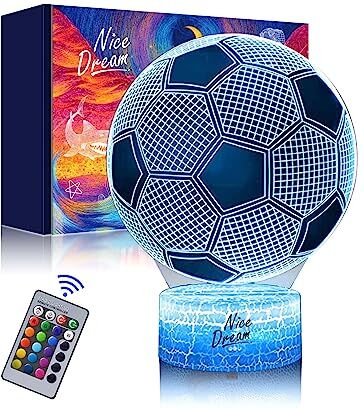 Nice Dream Luce Notturna Calcio per Bambini, Lampada da Illusione 3D Luce LED, Telecomando 16 Cambia Colore Dimmerabile, Regali di Natale per Ragazze Ragazzi Soggiorno Arredamento Camera da Letto