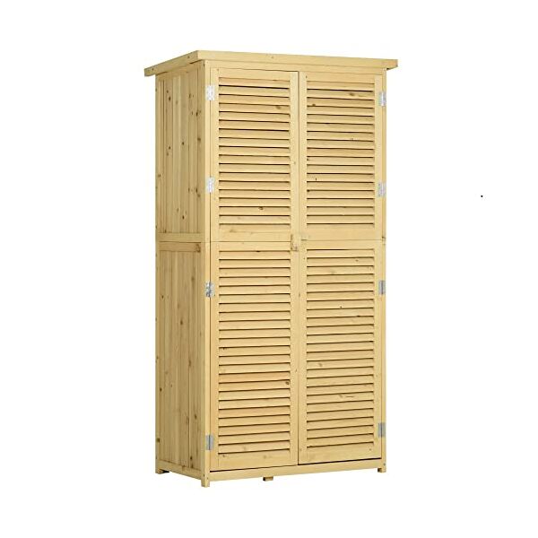 outsunny casetta in legno da giardino con tetto impermeabile, armadio da esterno porta attrezzi da giardino con 4 scompartimenti, 87x46.5x160cm