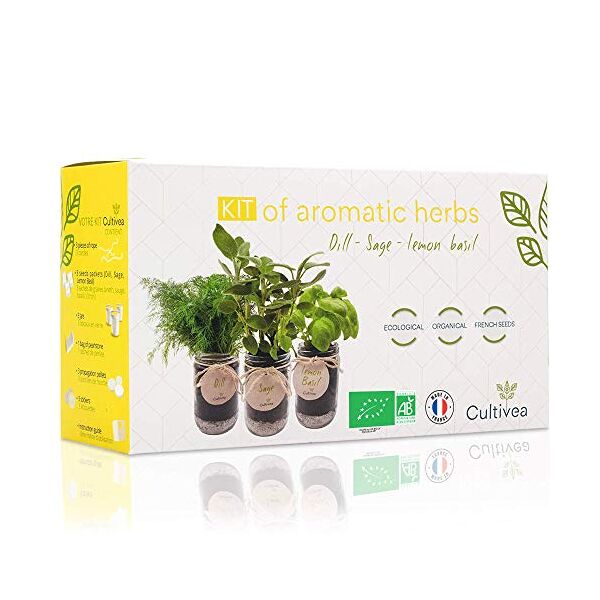 cultivea® set completo - fai crescere le tue di erbe aromatiche - 100% semi ecologici e biologici - semi con 3 vasetti di vetro – diy - (salvia, aneto, basilico limone)