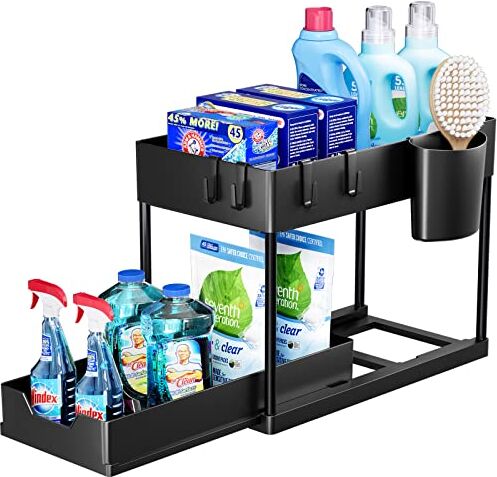 Puricon Organizer Sottolavello Cucina, Organizer Sottolavello a 2 Livelli, Organizer Sottolavello Portaoggetti Ripiano Multiuso sotto Lavello per Cucina Bagno (Nero, 1)