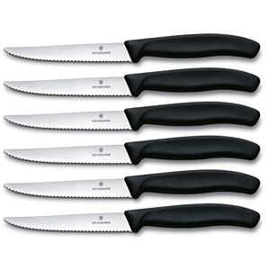 Victorinox Swiss Classic, Set di coltelli da bistecca da tavola seghettati (6 pezzi), lavabili in lavabile, in acciaio inossidabile, colore nero