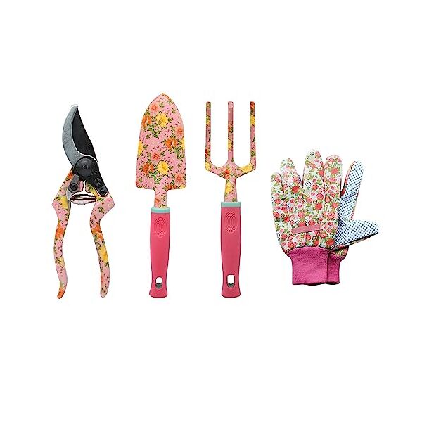 mqforu set di attrezzi da giardinaggio, 4 pz guanti da giardinaggio, cesoia per potatura, trapianto, pala da giardinaggio, regalo da giardinaggio per uomo donna rosa
