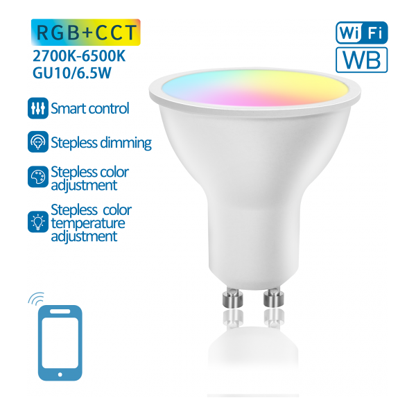 aigostar lampadina smart led gu10 6.5w wifi rgb+cct 2700k-6500k 555 lumen d50*h59mm compatibile con alexa e google assistant faretto