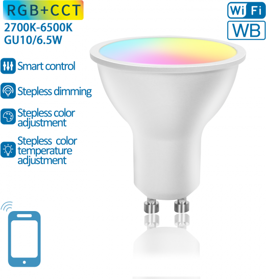 Aigostar lampadina smart led gu10 6.5w wifi rgb+cct 2700k-6500k 555 lumen d50*h59mm compatibile con alexa e google assistant faretto