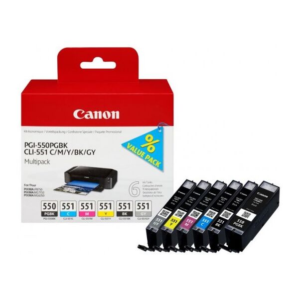 multipack canon pgi-550 cli-551bk/c/m/y/gy 6496b005 cartuccia originale per canon ip 7250 mg5450 mg6350 capacita 15mlx1 7mlx5