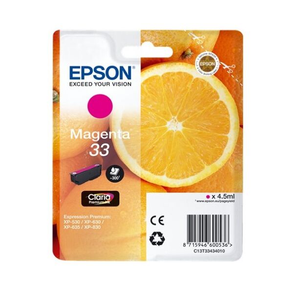 epson t3343 magenta c13t33434010 cartuccia originale per epson expression premium xp530 xp630 xp635 xp830 33 capacita 4,5ml