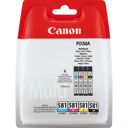 multipack canon cli-581 bk/c/m/y 2103c004aa cartuccia originale per canon ts6150,8150,9150,tr7550,8550 cli-581x4 da 5.6ml