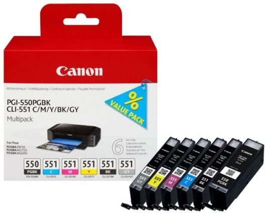 multipack canon pgi-550 cli-551bk/c/m/y/gy 6496b005 cartuccia originale per canon ip 7250 mg5450 mg6350 capacita 15mlx1 7mlx5