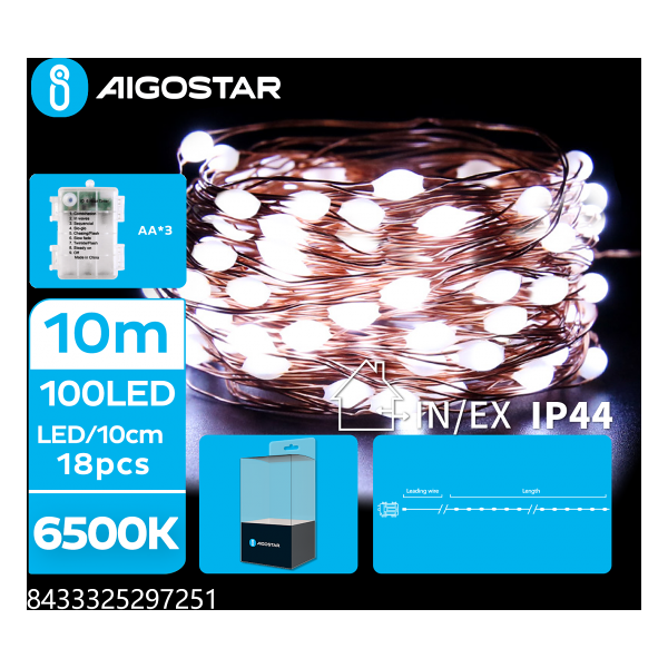 aigostar catena luminosa a batteria 3aa con fili in rame 100 led - 6500k luce fredda 8 modalitÃ  illuminazione 10mt ip44 interno/esterno