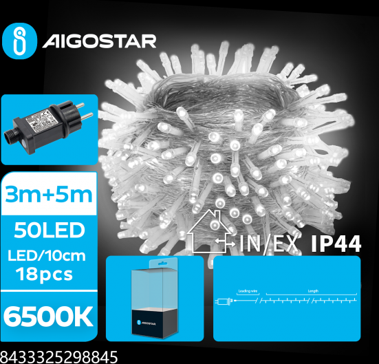 aigostar catena luminosa lampadine a testa piatta 50 led 5mt - 6500k luce fredda bianca - 8 giochi di luce - ip44 interno/esterno