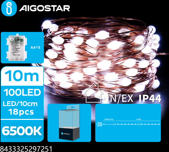 Aigostar catena luminosa a batteria 3aa con fili in rame 100 led - 6500k luce fredda 8 modalitÃ  illuminazione 10mt ip44 interno/esterno