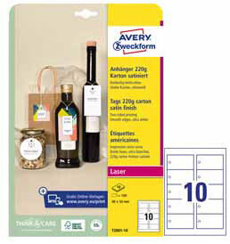 cartellino stampabile - in cartoncino - con bordi lisci - laser - 90 x 50 mm - 10 cart/fg - 10 fogli - bianco - avery