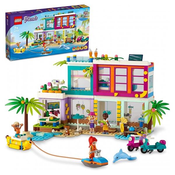 lego friends - casa delle vacanze sulla spiaggia - lego 41709 con piscina, mini bamboline mia e accessori anni 7+